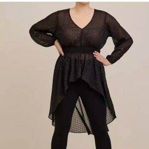 NWOT Torrid Chiffon Rainbow Clip Dot Black Sheer High-Low Blouse Size 1